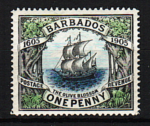 Барбадос, 1906, 300-летие высадки англичан на остров, Парусник, 1 марка